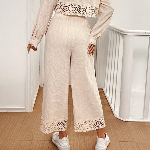 Apricot Casual Women's Fall Lace Splice Long Sleeve Cardigan And Pants - Picture 2 of 6